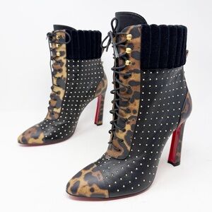 Christian Louboutin Dakita Leopard Studded Lace Up Ankle Boots Womens Size 39.5